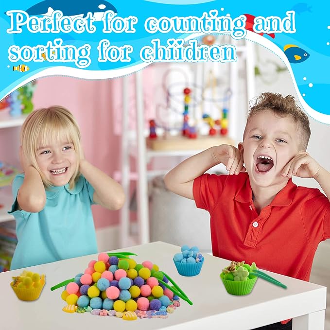 185pcs Summer Ocean Animal Sensory Bin Filler Fine Motor Toys Ocean Animals Sensory Bin Items Resin Crab, Starfish, Sea Snail, Pearl Shell Pom Poms for Preschool Education Counting Sorting