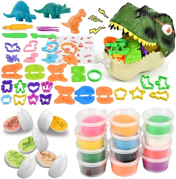 Dinosaur Toys Kids Dough Playset, 55PCS Dino Toys Kit with Molds & Clay | Make Dinosaurs or Create Your Own Models, Storage Case Gift for Boys & Girls Ages 3-8
