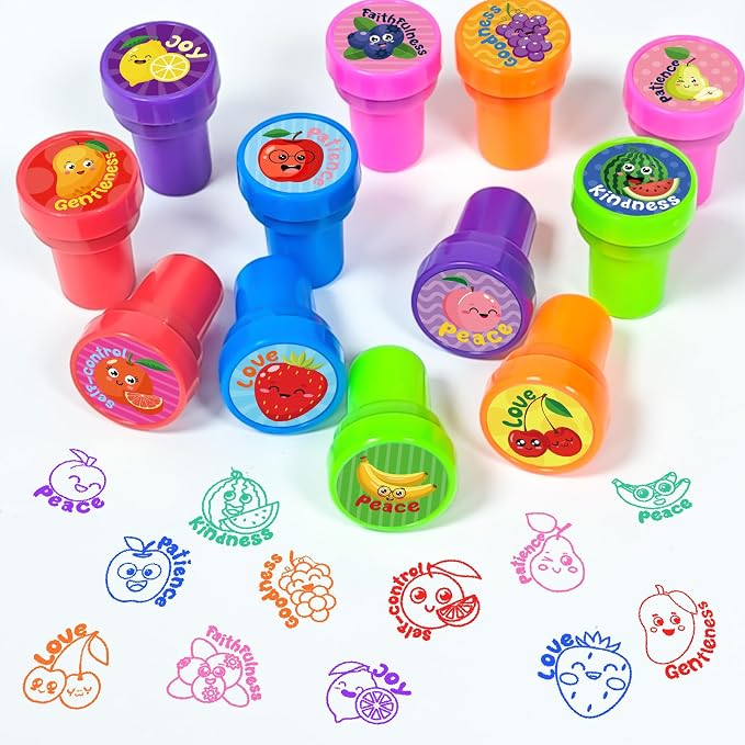 Cinrobiye 24 Pcs Fruit of the Spirit Stampers Party Favor Set, Cute Bible Learning Stamps for Kids Sunday School, Church Classroom Rewards, Faith Based Gifts, Goody Bag Fillers