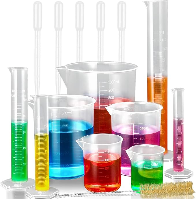 moveland Plastic Graduated Cylinders and Beakers with 5 Pipettes, 10ml 25ml 50ml 100ml Cylinders, 50ml 100ml 250ml 500ml 1000ml Beakers, Ideal for DIY and Kids Science Lab | 10-100ml Cylinders, 50-1000ml Beakers & 5 Pipettes, Food-Grade Shatterproof, A...