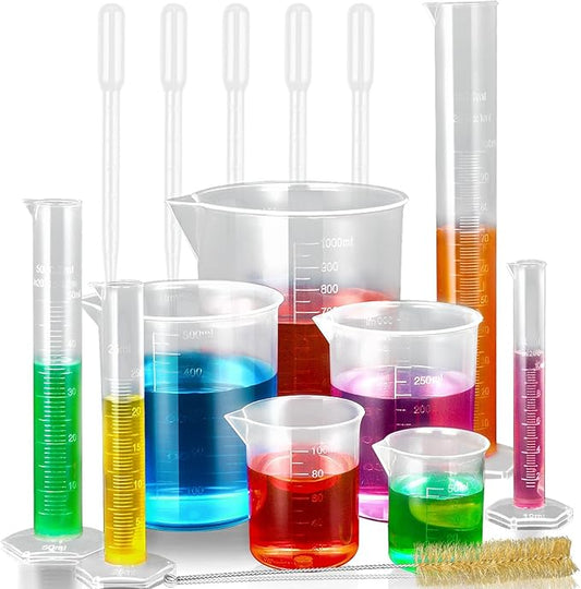 moveland Plastic Graduated Cylinders and Beakers with 5 Pipettes, 10ml 25ml 50ml 100ml Cylinders, 50ml 100ml 250ml 500ml 1000ml Beakers, Ideal for DIY and Kids Science Lab | 10-100ml Cylinders, 50-1000ml Beakers & 5 Pipettes, Food-Grade Shatterproof, A...