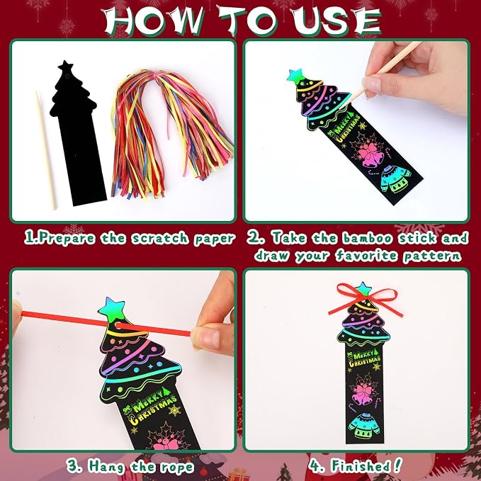 JUNEBRUSHS 30Pcs Christmas Scratch Bookmarks, Rainbow Magic Scratch Paper Art Christmas Tree Santa DIY Crafts Kit for Xmas Hanging Ornaments Christmas Party Favors Gifts