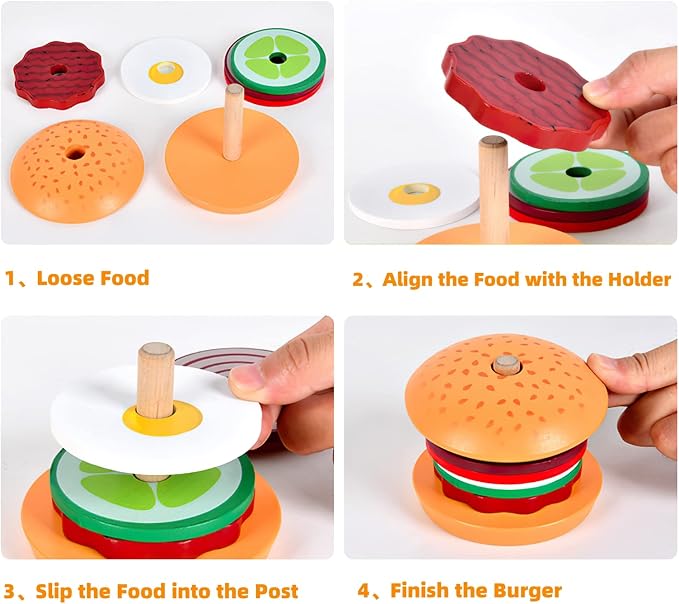 Wooden Burger Stacking Toys for Kids, Play Fake Food Toy, Montessori Toys for 3+ Year Old, Preschool Educational Toys to Develop Fine Motor Skills (Burger)