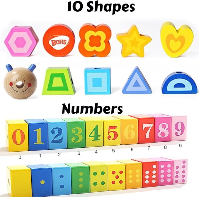 Caterpillar Lacing Toy, Wooden Threading & Stacking Beads for Toddlers | Nine numbered blocks among the 20; varied shapes and colors; counting, fine motor skills, dexterity and hand-eye coordination