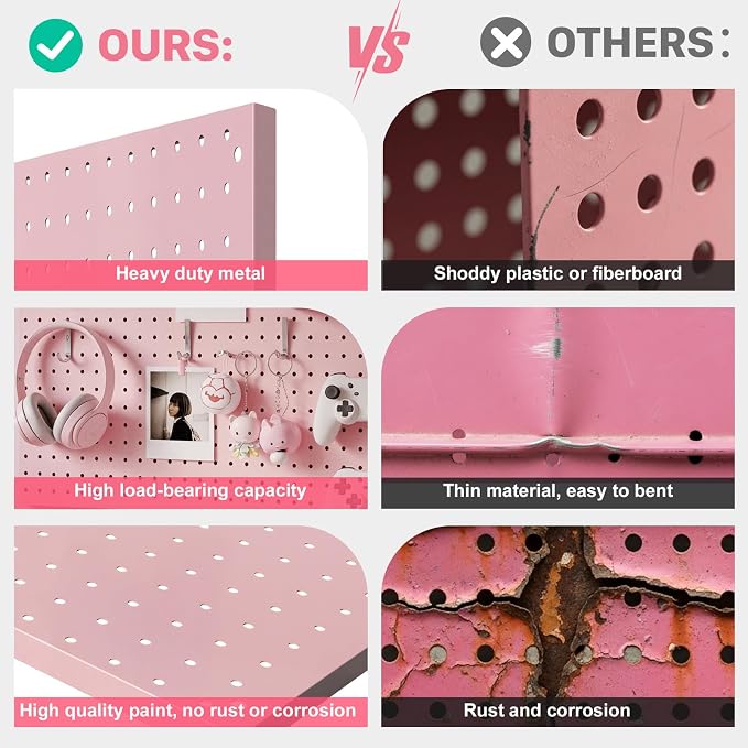 Peg Board, 3 Pack Metal Pegboard Panels Pink Pegboards Wall Organizer with Frame Large Heavy Duty Peg Board with Hooks for Walls Home, Garage Tool Storage, Office, Craft Room, Kitchen 24”×16”