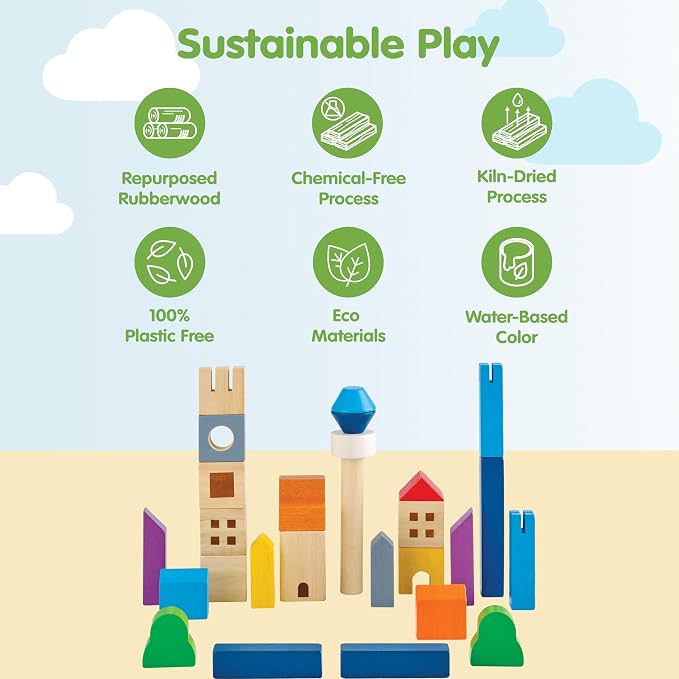 PlanToys® Cityscape Blocks Wooden Montessori Building Imaginative Kids Set | shapes, buildings, construction toys, sorting & stacking toys, girls, boys, spatial STEM fine motor creative gift preschool