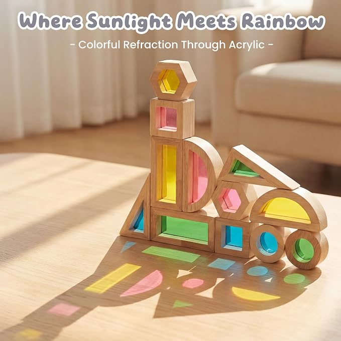 WOODENFUN Wooden Building Blocks Set for Kids, 12 Pcs Rainbow Stacker Game | Stacking Construction Toys Set Preschool Colorful Learning Educational Toys, Geometry Blocks for Boys Girls Birthday Gift