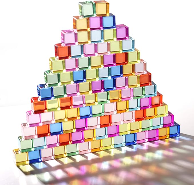 Dinhon 100 Pcs Acrylic Blocks for Toddler - 10 Colors Rainbow Gem Blocks, 2.5x2.5cm Crystal Cubes Stacking Rainbow Toy for Kids 1-5 Years Old, Light Table Blocks Bulk Birthday Gift