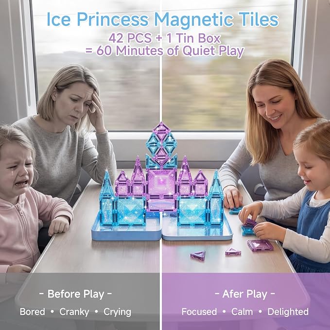 burgkidz Magnetic Tiles Travel Mix: Castle Gift for Girls 3-8 Portable | 42pcs mix sizes, ice-purple, storage tin base, 595g, BPA-free, ASTM safe, strong magnets, screen-free travel for girls 3-8