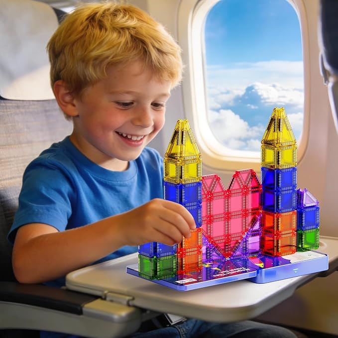 Mini Magnetic Tiles Travel Kit: 60Pcs Airplane Activities & Road Trip Toys | Visual Storage Box & Metal Play Base - Portable STEM Sensory Building Blocks for Toddlers & Kids Ages 3-8