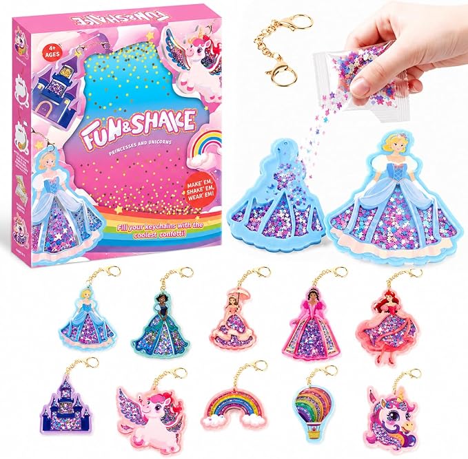 Shake-its Glitter Craft Kits for Kids, DIY Arts & Crafts with Keychains | Unicorns & Princesses, Fun Shake Art Supplies, Creative Arts and Crafts Activity Gifts for Girls & Boys Ages 4 5 6 7 8 9