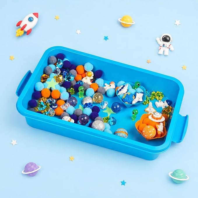 Cinrobiye 206 Pcs Outer Space Sensory Bin Fillers Set with Storage Box, Rocket Spaceship Astronaut Galaxy Accessories, Space Theme Activity Materials for Classroom, Home Projects, Picnic Sensory Bins