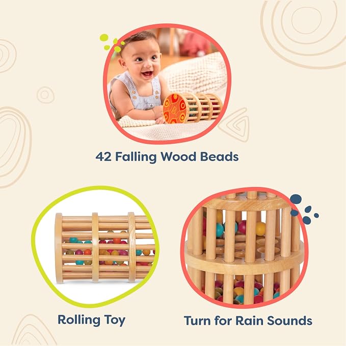 B. toys Rainmaker Toy, A-Maze Rain Rush Wooden Rolling Tower Toy, Wood Toys | Wooden rainmaker with 42 colorful wooden marbles to flip, roll, watch, and hear; sensory play for toddlers; 18+ Months