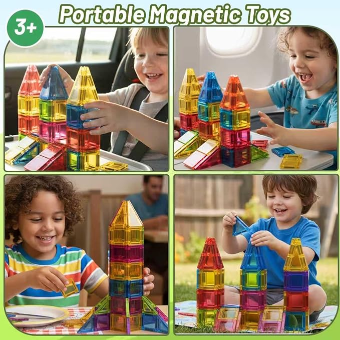 Mini Magnetic Tiles,78PCS Travel Magnetic Tiles Set with Iron Box,Portable Building Blocks for Kids Ages 3+,Car Airplane Travel Essentials Kids Toy,Creative STEM Toys Birthday Gift for Boys & Girls
