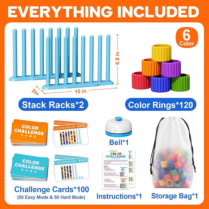 Color Challenge Game – 2 Pack Color Matching Game for Family Game Night and Parties, Board Games for Kids 6-8-12 & Adults, Stacking Game with 2 Stack Racks, 100 Cards, 120 Rings, Bell, Storage Bag‌