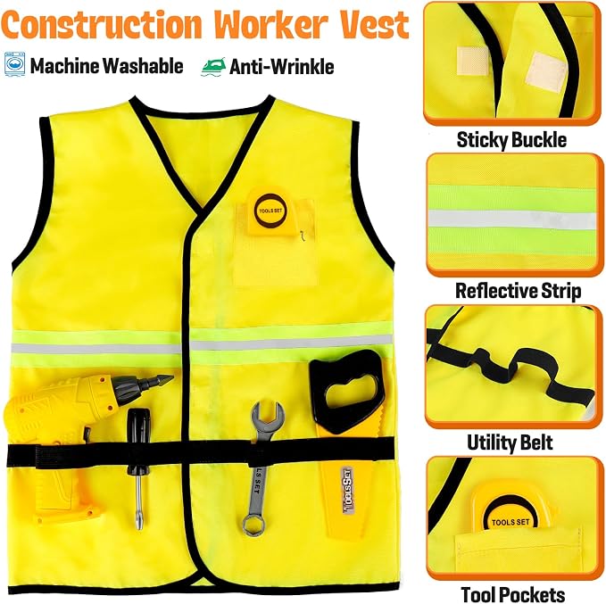 HUUIDY Construction Worker Costume with Electric Drill for Kids Ages 4-12 | Kids Dress Up Clothes Include Safety Vest and Hat, Helmet Light for Halloween Party, Career Day, Pretend Play, Birthday Gift