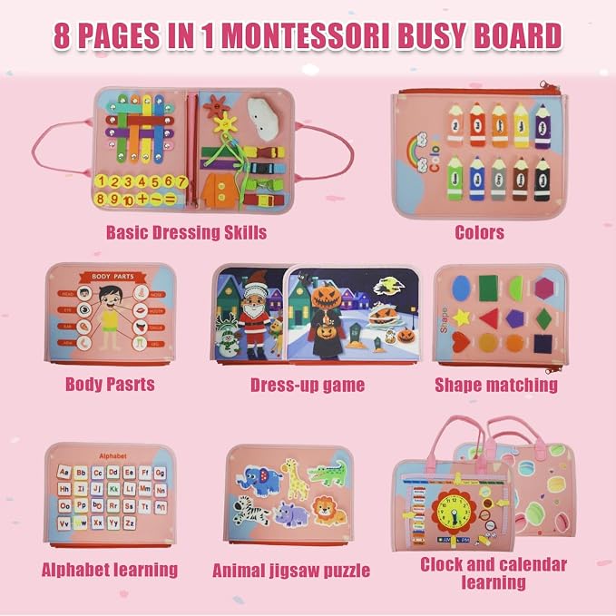 Busy Board for Toddlers, Montessori Sensory Toy with Fine Motor Activities, Travel Activity Book for Airplane and Car, Educational Learning Gift for Boys and Girls