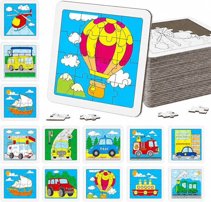 Cinrobiye 24 Pcs Transportation Coloring Puzzle Craft Kit, DIY Traffic Vehicle Jigsaw Puzzles Bulk with 12 Designs, Construction Truck Party Favors, Classroom Art Activities