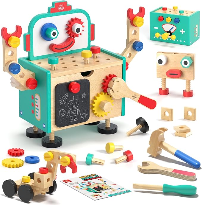 Lehoo Castle Kids Tool Set, Wooden Montessori Robot Tool Bench for Boys 3+ | Toolbox Workbench with Blackboard, STEM Construction Learning Toys for Kids Age 3-5, Birthday Gifts for Boys Girls