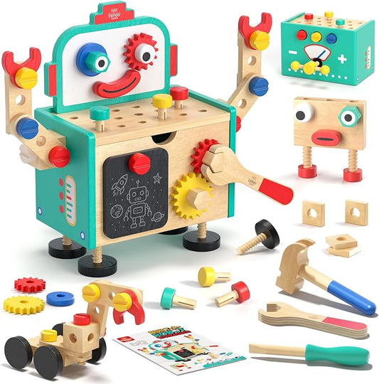 Lehoo Castle Kids Tool Set, Wooden Montessori Robot Tool Bench for Boys 3+ | Toolbox Workbench with Blackboard, STEM Construction Learning Toys for Kids Age 3-5, Birthday Gifts for Boys Girls