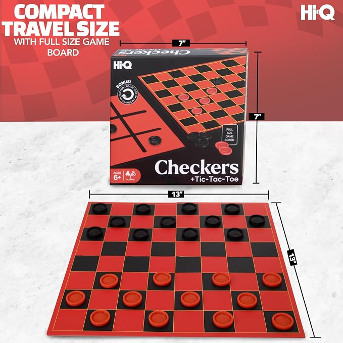 HI-Q Checkers & Tic-Tac-Toe Board Game Set – Classic Strategy for Kids & Family – Features Interlocking Stacking Pieces & Folding Board – Ages 6+
