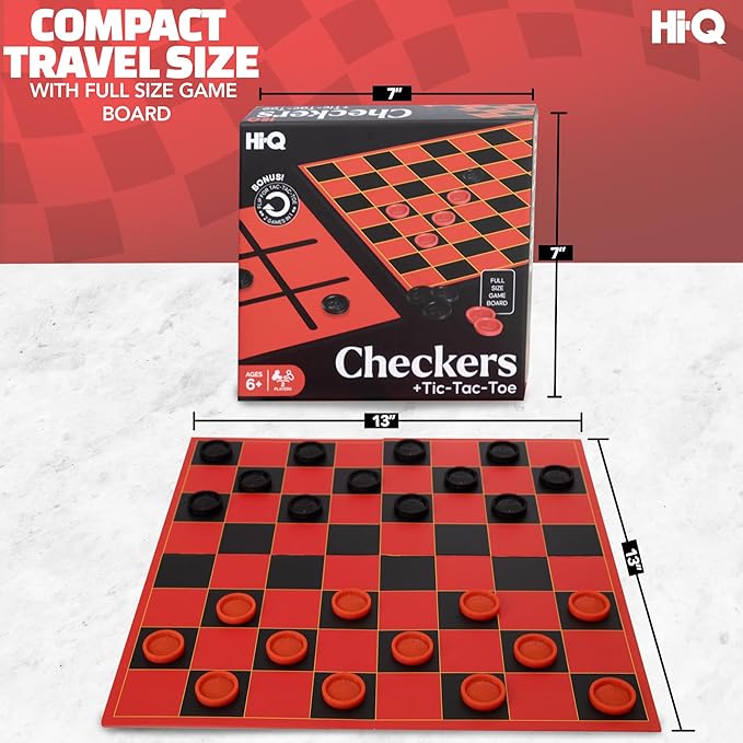 HI-Q Checkers & Tic-Tac-Toe Board Game Set – Multi-Pack Bundle for Family Game Night & Classrooms – Features Interlocking Stacking Pieces & Folding Board – Ages 6+