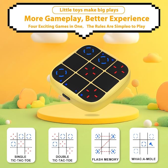 KOQQQ Rechargeable Tic-Tac-Toe Bolt Game, Upgraded 4-in-1 Handheld Puzzle Console, Electronic Educational Memory Game, Portable Travel Car Ride Board Games for Kids Adults (Yellow)