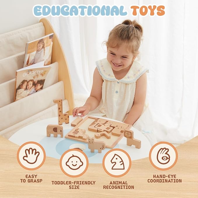 Freniland Wooden Animal Puzzle for Toddlers, 2-in-1 Safari Animal Puzzle & Stacking Toy, Easy-Grip Peg Board Montessori Shape Matching for Kids 18M+