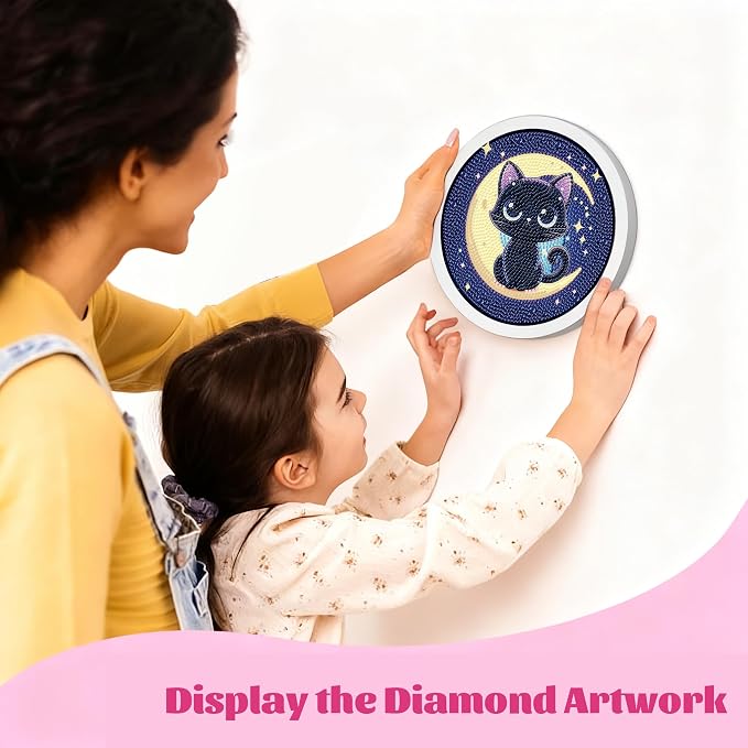 Gemozaic Cat Diamond Art Kits for Kids Ages 6-8-12, Round Frame, 8 x 8 Inch | Black Cat Diamond Art for Kids 6 8 10 12 Year Old, Easy Kid Gem Painting, Cute Animal Arts and Crafts for Girl Birthday Gift