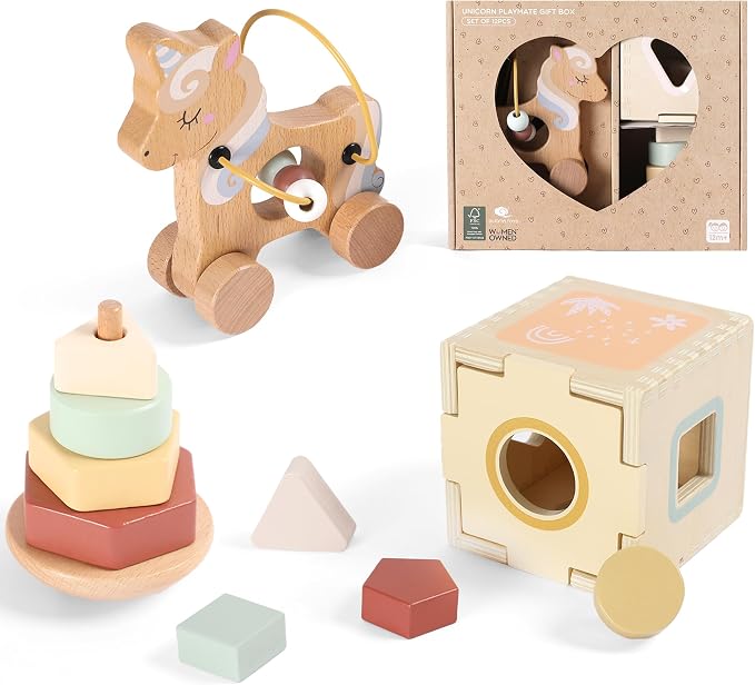 FReniland Montessori Toys for 1 Year Old，3-in-1 Wooden Baby Toys，Wooden Stacking Toy，Toddler Shape Sorting Cube, Unicorn Ring Toy