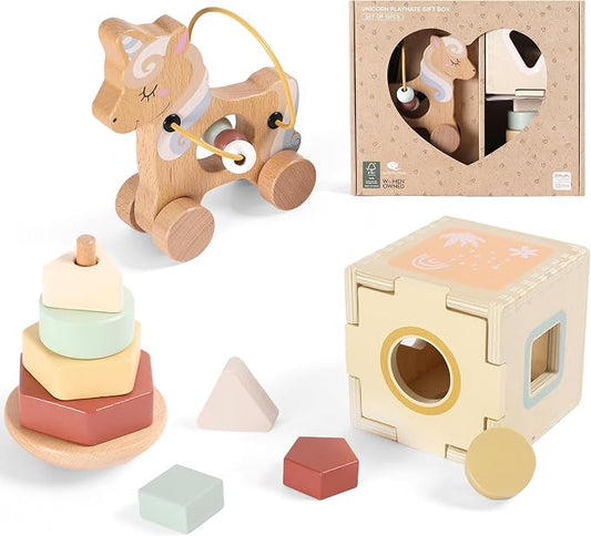 FReniland Montessori Toys for 1 Year Old，3-in-1 Wooden Baby Toys，Wooden Stacking Toy，Toddler Shape Sorting Cube, Unicorn Ring Toy
