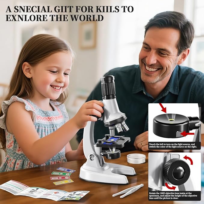65Pcs Microscope Kit Toys 100X-1200X Magnification for Kids 3-13 | Microscope with 100X-1200X magnification, 7 colors light and 12 prepared slides, Christmas gift for kids science experiments