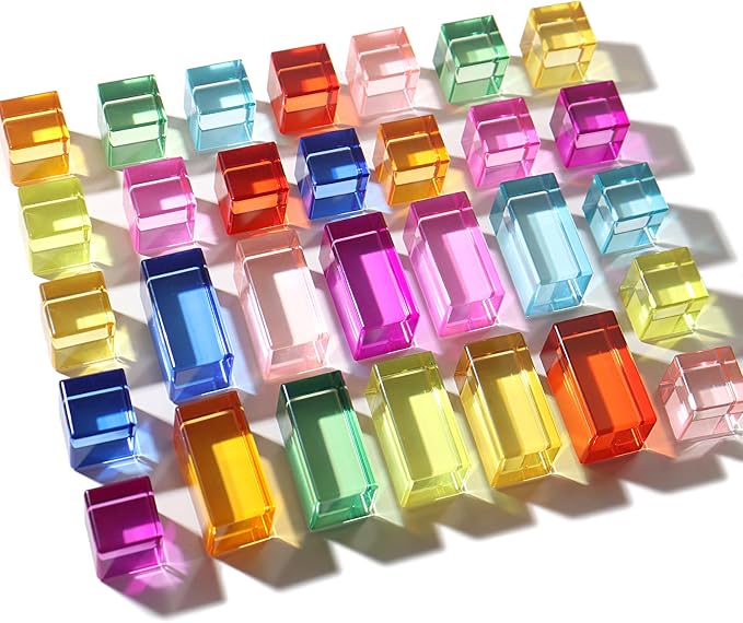 30 Pcs Mixed Acrylic Blocks Set - 10 Long (2.5x2.5x5CM) + 20 Cube (2.5x2.5x2.5CM) Rainbow Gem Blocks, Sensory Stacking Toy for 1 2 3 4 Years Old, Boys Girls Gift with Rich Building Possibilities