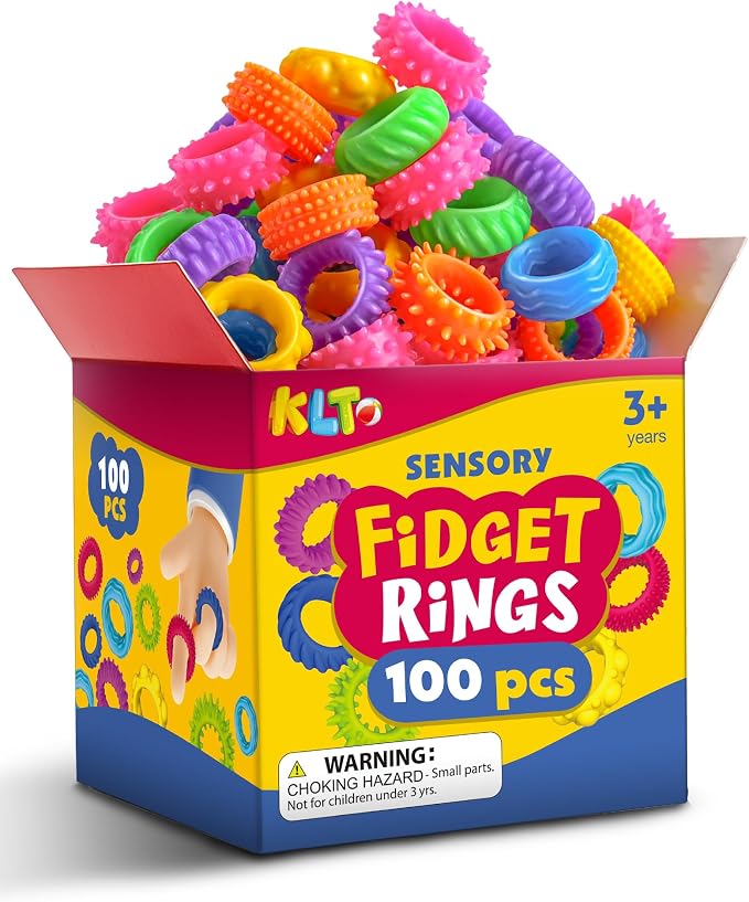 KLT Fidget Toys Bulk for Kids: 100pcs Textured Fidget Ring - Classroom Prize Box Quiet - Party Favors Gift Bags Stuffers - Sensory Bin Filler for ADHD Autism Kids Stress Relief
