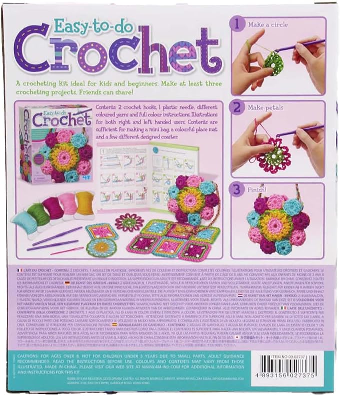 4M Easy-to-Do Crochet Kit - DIY Knitting Set for Beginners & Kids Ages 8+ | All-in-1 yarn craft kit includes hooks and materials to create a mini bag, coasters, and placemat with ease