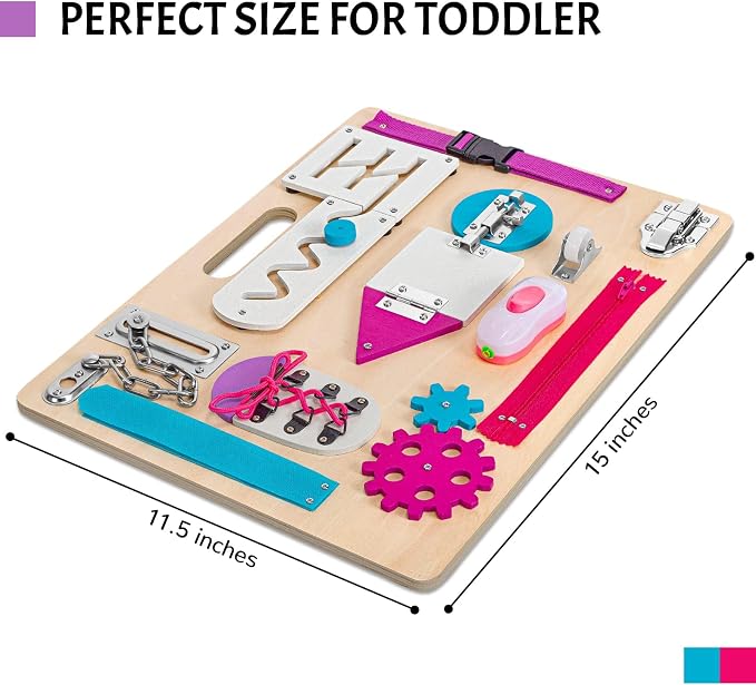 Toddlers Busy Board, Montessori Busy Board for Age 1, Wooden Sensory Toys | Preschool Learning Activities, Basic Life Skills, Fine Motor Skills, Educational Birthday Gifts for Kids Ages 1 2 3 4, Pink
