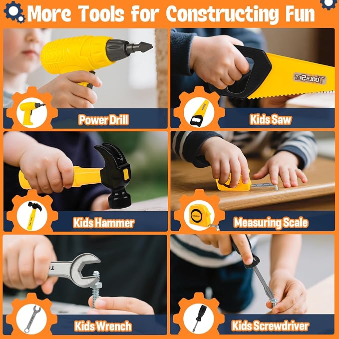 HUUIDY Construction Worker Costume with Electric Drill for Kids Ages 4-12 | Kids Dress Up Clothes Include Safety Vest and Hat, Helmet Light for Halloween Party, Career Day, Pretend Play, Birthday Gift