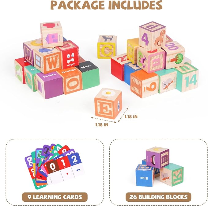Wooden ABC Building Blocks for Toddlers,30 PCS Montessori Alphabet & Number Learning Toy with Matching Cards, Preschool Educational Toy for Stacking, Counting, Sensory Play, Gifts for Kids Boys Girls