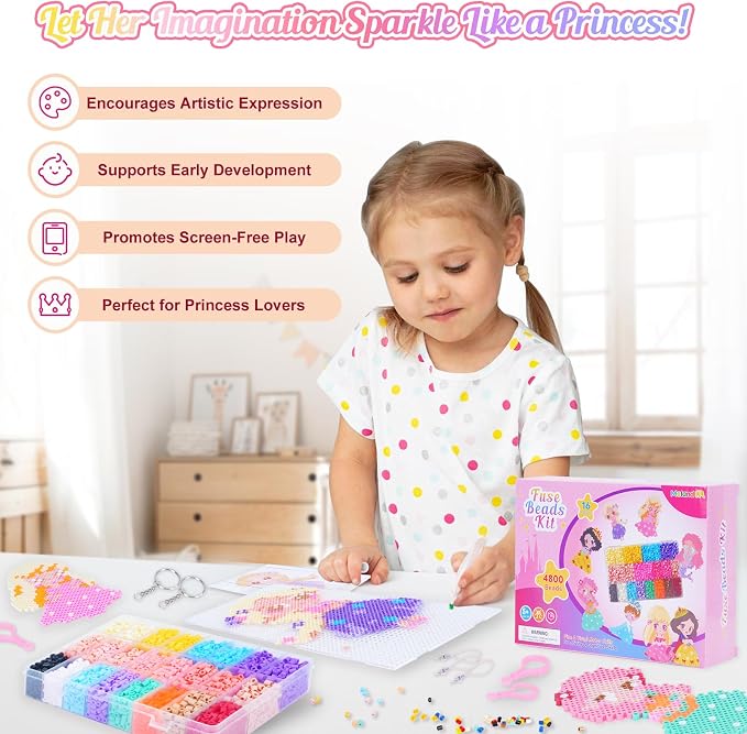Meland Fuse Beads Kit, 5MM 4800 Princess Rainbow Beads for Girls Ages 5-12 | Includes 3 pegboards and craft accessories for colorful patterns, keychains and screen-free creative projects