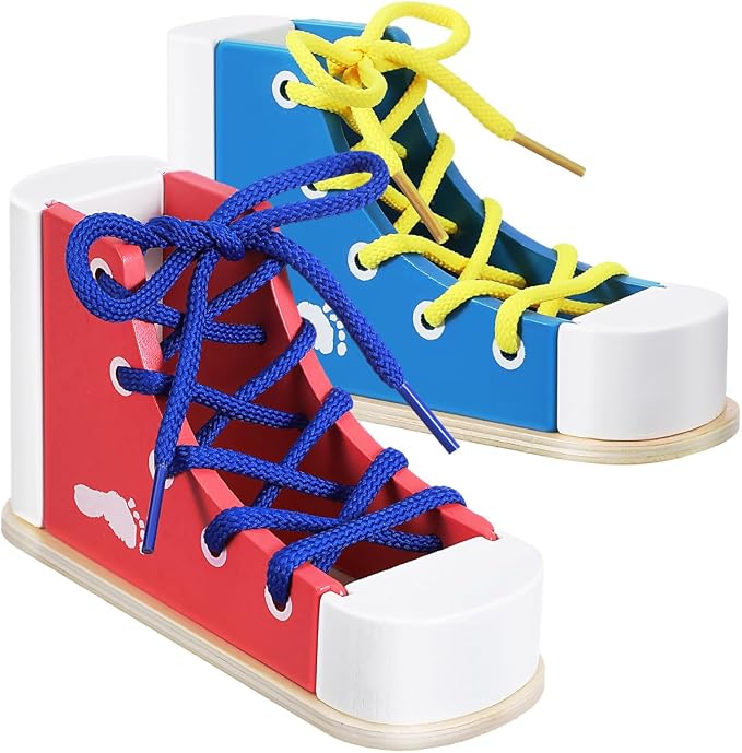 STOBOK 2pcs Learn to Tie Shoes for Kids with Wooden Lacing Sneaker Toy | Tie-Up Shoe Practice Kit Threading Montessori Educational Toys (Blue + Pink)
