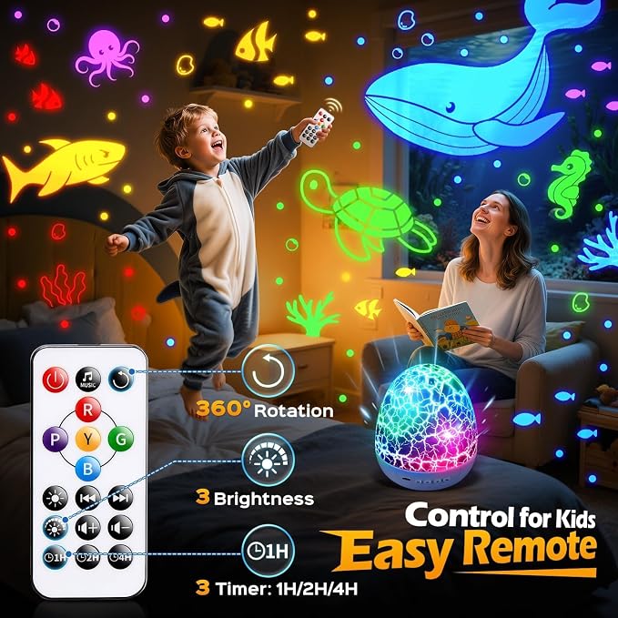 Excavator Construction Toy Projector, 15 Sounds & 6 Films Truck Night Light | Excavator Toys for 4 year old Boys, White Noise Dinosaur Egg Night Light for Kids Room Decor,31 Color Remote Timer Brightness