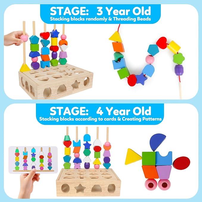 ROOCHKD Wooden Sorting Toy Lacing Beads Sequencing Toy for 3yrs+ | Preschool Learning toy, Class Activity, Toddlers Fine Motor Game, Colors &Shapes sorting, Educational Gifts
