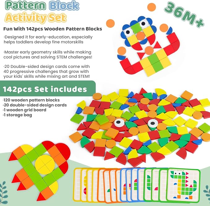 Wooden Pattern Blocks with Grid Board 142PCS Wood Mosaic Tiles Montessori Shape Puzzle Tangrams for Kids with Storage Bag Preschool Educational Toys for Boys Girls Ages 3+