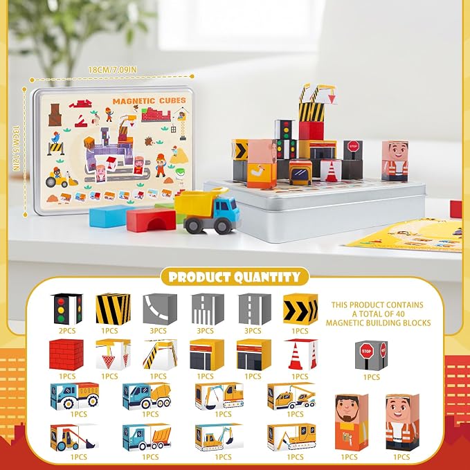 Travel Magnetic Blocks Toy Portable Construction Building Tiles | 40PCS Portable Magnet Building Tiles, Road Trip Activities for Toddlers Kids Ages 3-8, STEM Sensory Toy Birthday Gift for Boy