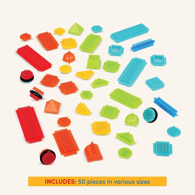 Battat Bristle Blocks Basic Builder Bucket, 50-Piece Building Toys, Playset | Interlocking blocks in bright colors and shapes with wheels for movable builds and easy assembly, 50 Pieces, 2+ Years