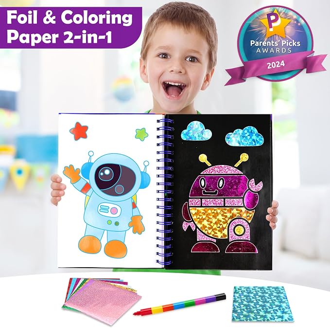 FUNNYB&G Foil Art Craft Kit for Kids, Sparkly Birthday Gift Toy for Boys | No Mess, Kids Ages 4-10 Create Sparkling Artwork, A Creative Gift for Birthdays, Holidays, Travel Activities,Screen-Free Fun