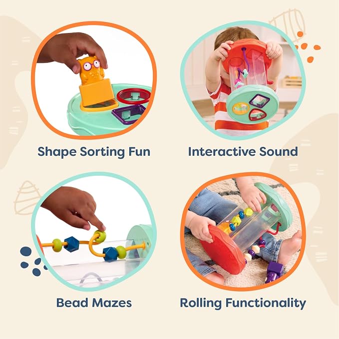 B. toys Baby Shape Sorter, Hooty-Hoo Owls, Bead Mazes & Sounds, Interactive | Hooty-Hoo shape sorter with 3 owl shapes, 3 bead mazes, color matching and fun sounds for fine motor play, Baby, 10+ Months