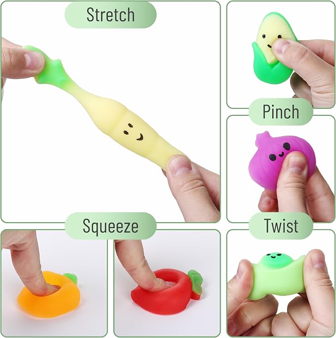 Mr. Pen- Vegetable Squishy Toys, 12 Pack | Washable Twistable Stretchy Squishies, Soft Stress Relief Sensory Toys for Squeezing, Kids’ Gifts