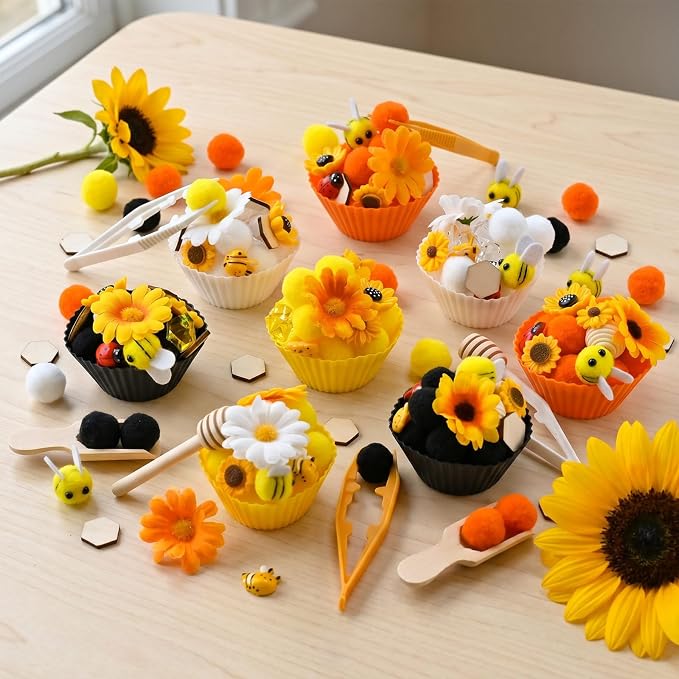 207 Pcs Sunflower Sensory Bin Items Summer Counting Sorting Sensory Bin Filler Fine Motor Sunflower Bee Counts for Summer Counting Sorting