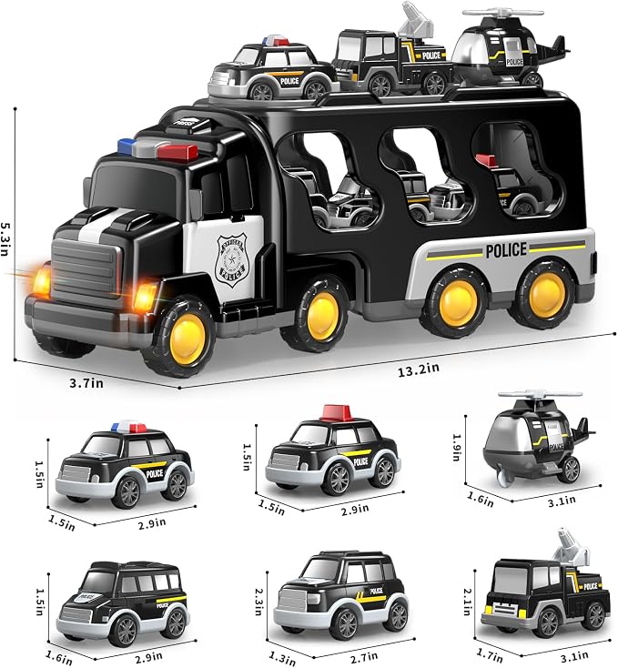 Beby Buty 7 in 1 Police Trucks Cars Toys for Toddlers 3-5, Boy Toddler Car Truck Toys with Light Sound, Birthday Gifts Toys for 3 4 5 6 Year Old Boy, Transport Carrier Truck for Toddlers 3-5 Years